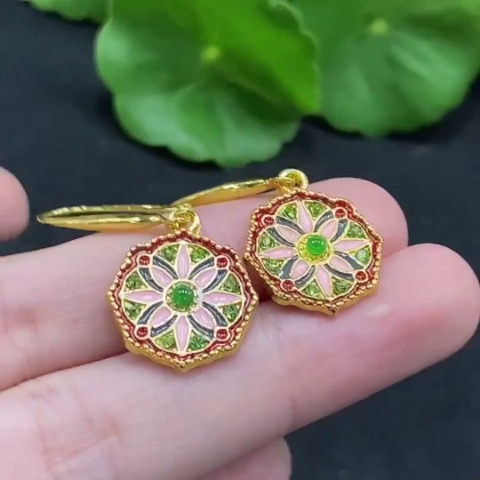 F35089824 Jadeite inlaid earrings, a pair, total weight about 3.9g (non-gold inlaid)
