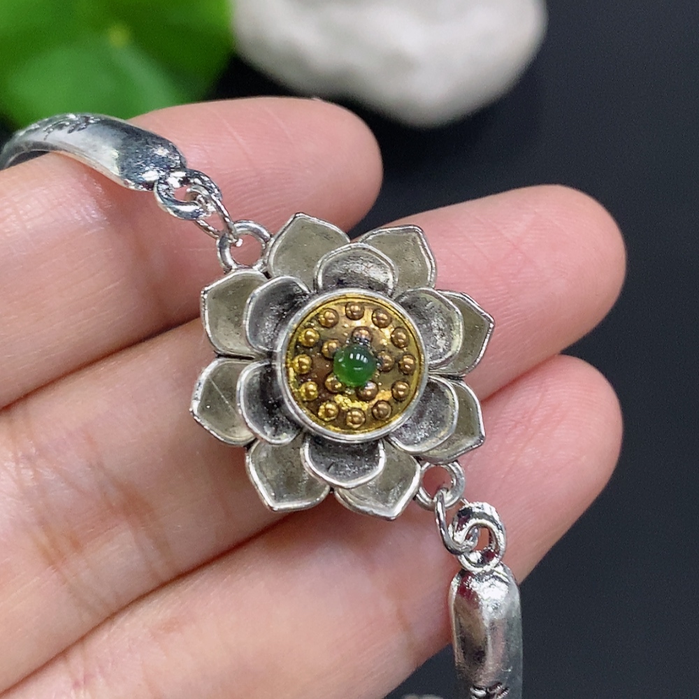 F27104609 Jadeite Cabochon Inlaid Bracelet, Non-Gold Setting, Total Weight Approx. 11.4g