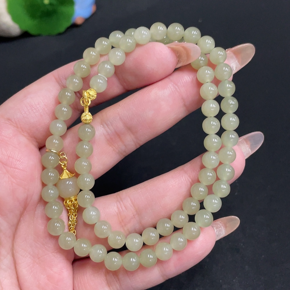 H32804412 Hetian Jade Bead Necklace Approx. 5.8mm Beads Total Weight About 23.8g Non-Gold