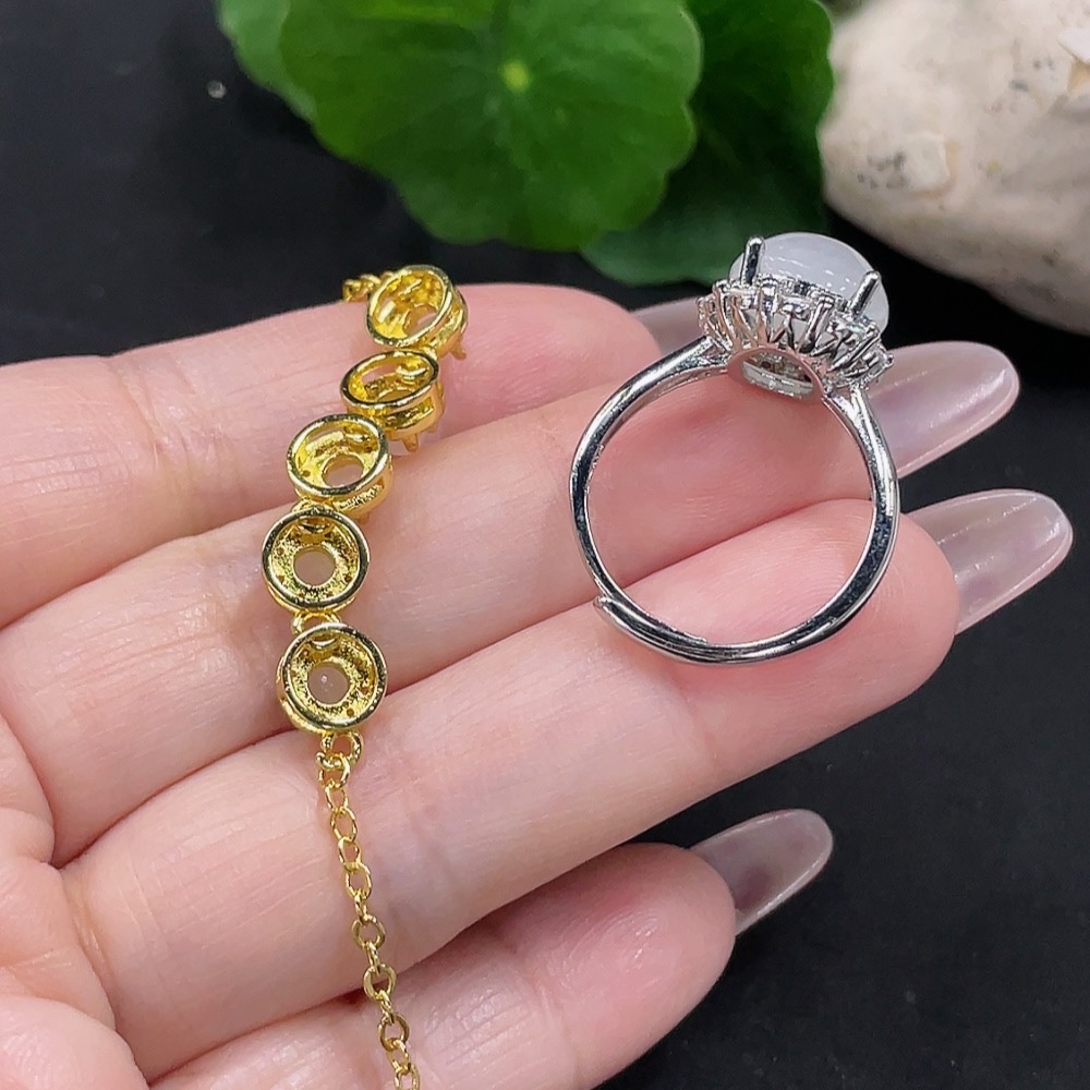 F34068921 Jadeite Inlaid Bracelet + Ring Sell as a Lot (Non-Gold Inlaid) (Adjustable)