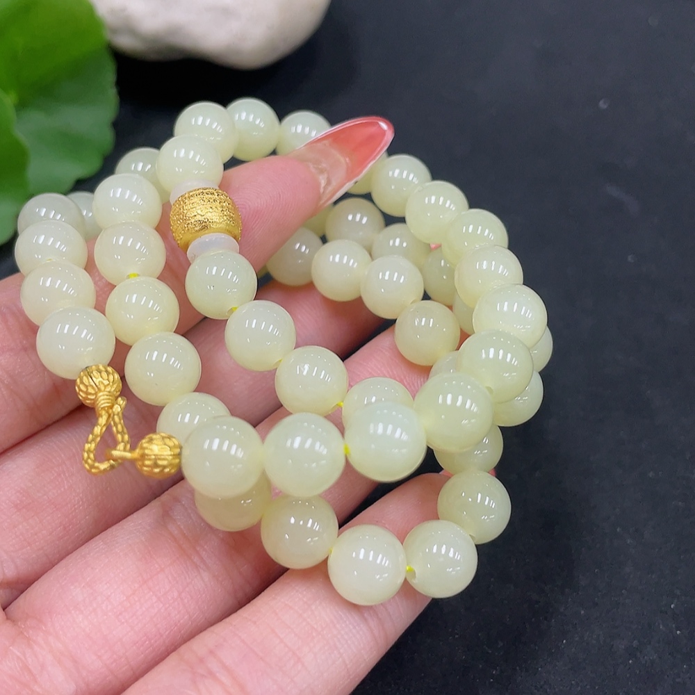 H34053448 Hetian Jade Bead Necklace, approx. 7.8mm, non-gold inlaid, total weight approx. 42.6g