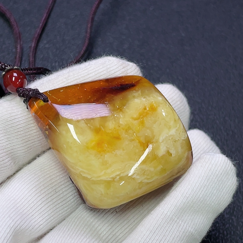 C30474282 Amber Beeswax Pendant with Partial Visible Repairs, Total Weight Approx. 16.85g Including Cord, Consider Non-Natural Matching Stones
