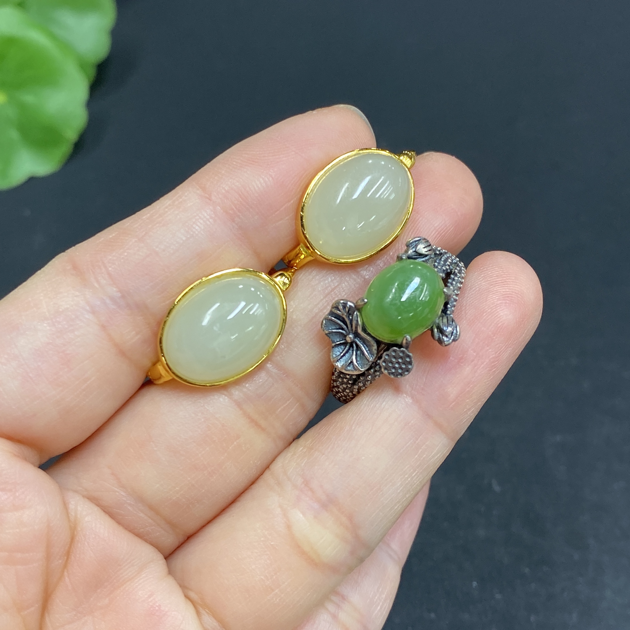 H33879541 Hetian Jade Inlaid Adjustable Ring Earrings Non-Gold Inlaid Total Weight Approx. 10.1g