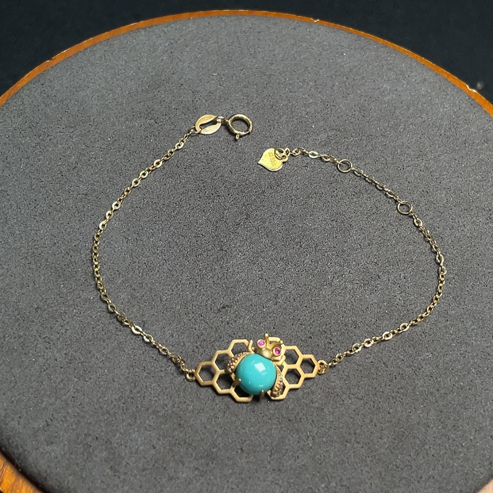 C32714397 18K Gold Turquoise Bracelet with Diamond Accents, Total Weight Approx. 1.90g