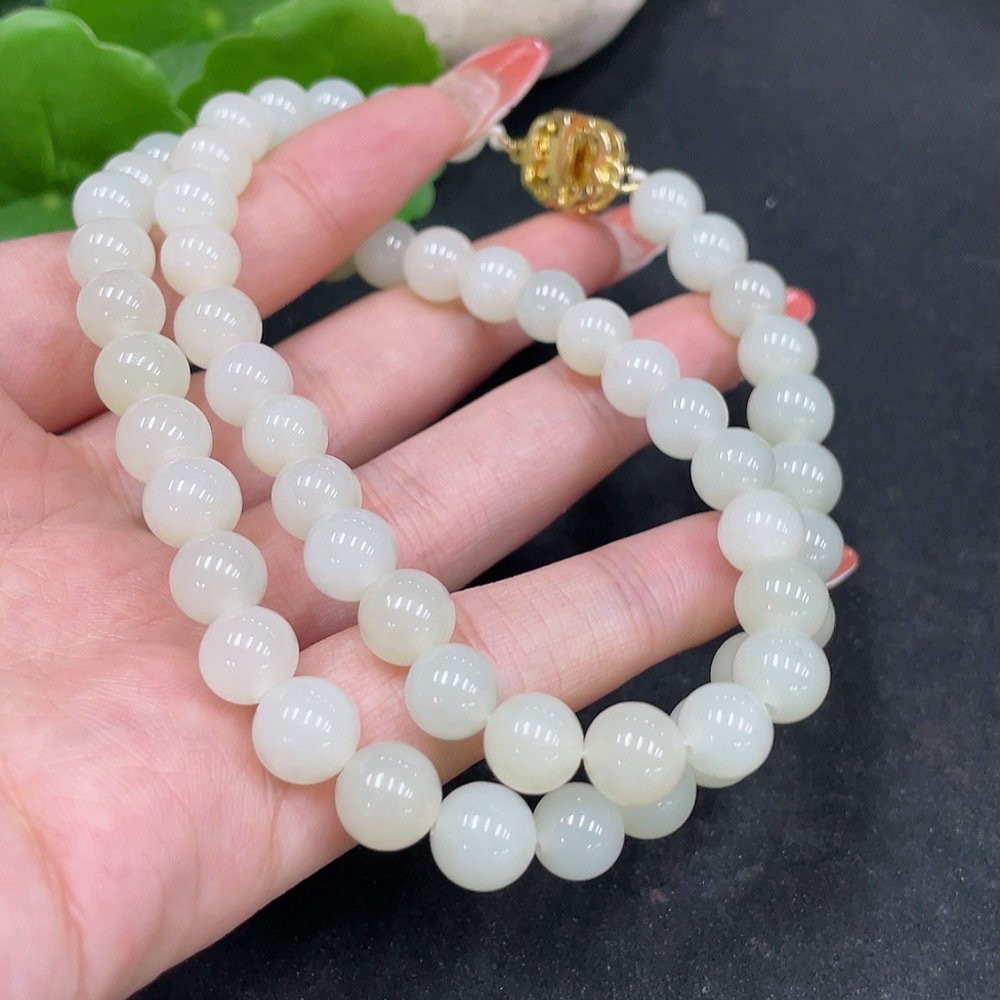 H35113565 Hetian Jade Bead Necklace Non-Gold Size about 8.4mm Total Weight about 50.6g
