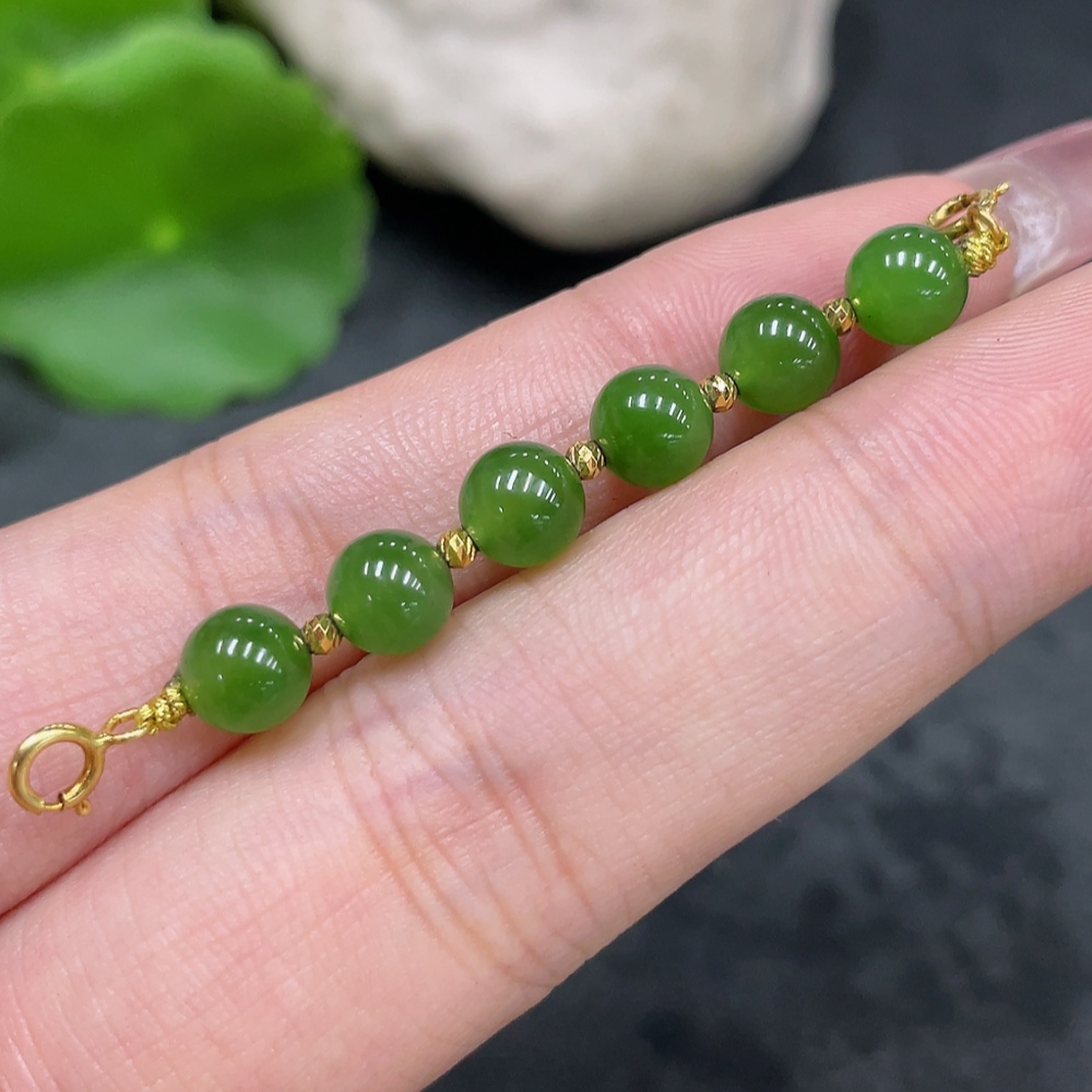 H33926252 Hetian Jade Beads Approx. 5.7mm No Imprint Surface Gold Content 58% 18K Gold Clant Total Weight Approx. 2g