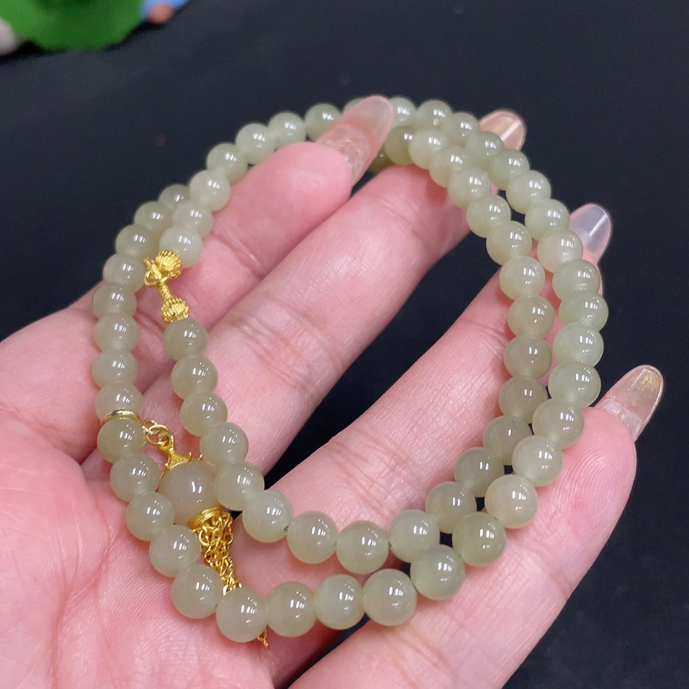 H32804412 Hetian Jade Bead Necklace Approx. 5.8mm Beads Total Weight About 23.8g Non-Gold