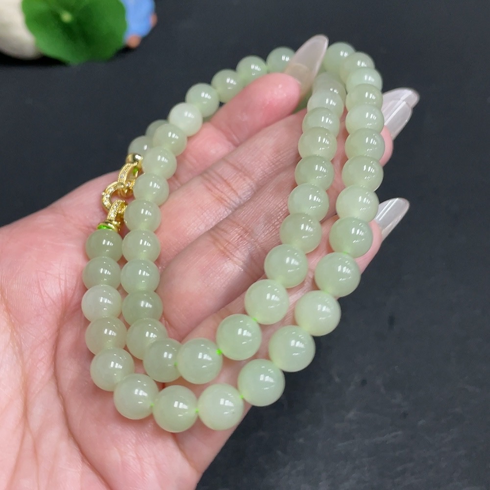 H28210494 Hetian Jade Bead Necklace Approx. 8mm Total Weight About 46.8g Non-Gold