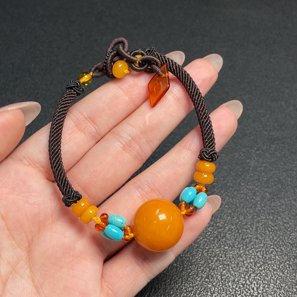 C34953203 Amber Beeswax Bracelet with Non-Natural Stones, Total Weight Approx. 6.89g, Size Approx. 17.8mm