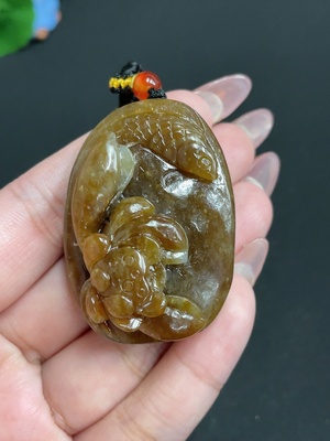 H26015704 Hetian Jade Handheld Carving "Lotus Leaf and Fish