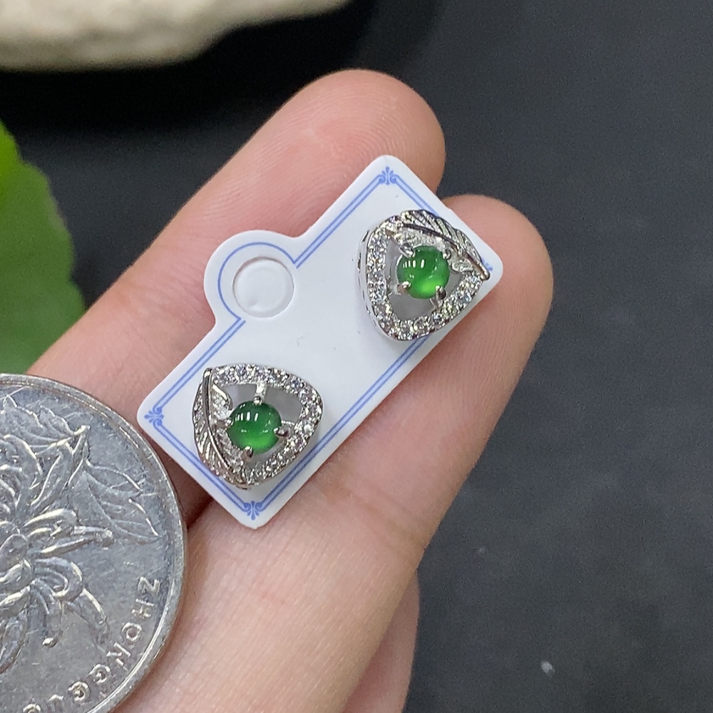 F29322510 Jadeite inlaid earrings, total weight approx. 1.7g (non-gold inlaid)