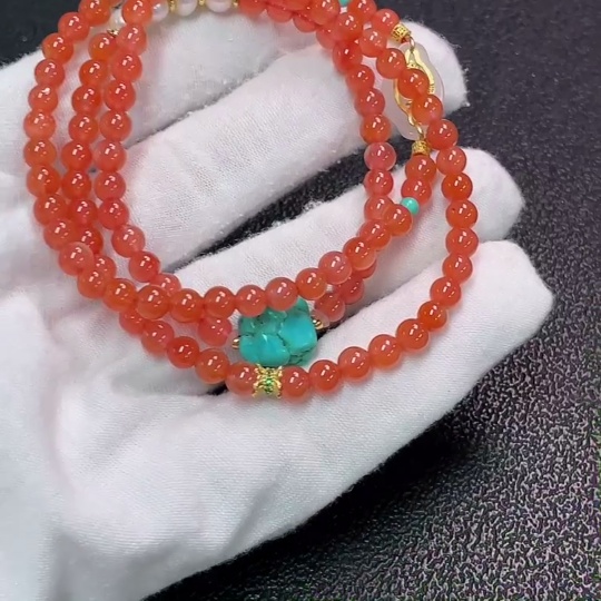 C34037882 South Red Agate Bead Necklace with Visible Organic Matter, Non-Natural Accent Stones, Paired with Pearls and Hetian Jade, Non-Gold, Total Weight Approximately 19.03g, Bead Size About 4.7mm