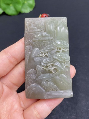 H31667452 Hetian Jade Pendant, Landscape Plaque, Total Weight (Including Rope) Approx. 66.9g