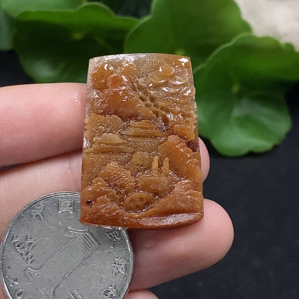 F34029201 Jadeite Unpolished Pendant Landscape Plaque Total Weight Approx. 9.89g Yellow Part Color Origin Undetermined