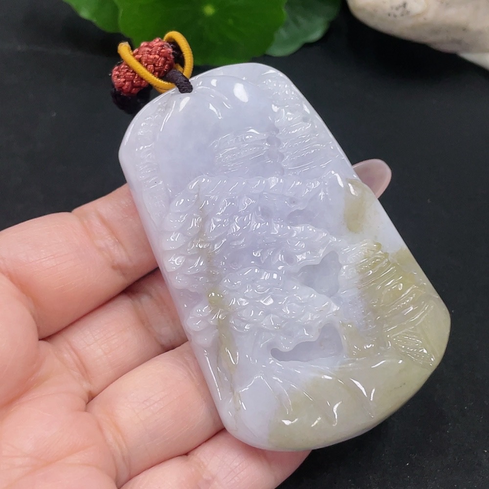F34013379 Jadeite Landscape Pendant with a total weight of approximately 69.3 grams (including rope weight)