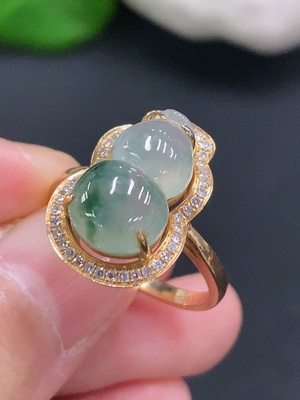 F33884107 Jadeite Gourd Inlaid Ring 18K Gold Size 14 Total Weight Approx 4.4g (With Diamond Accents)