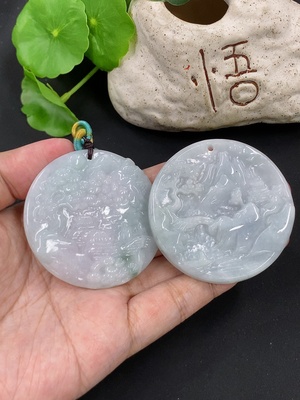 F46596487 翡翠山水牌挂件 货品总重约62.9g