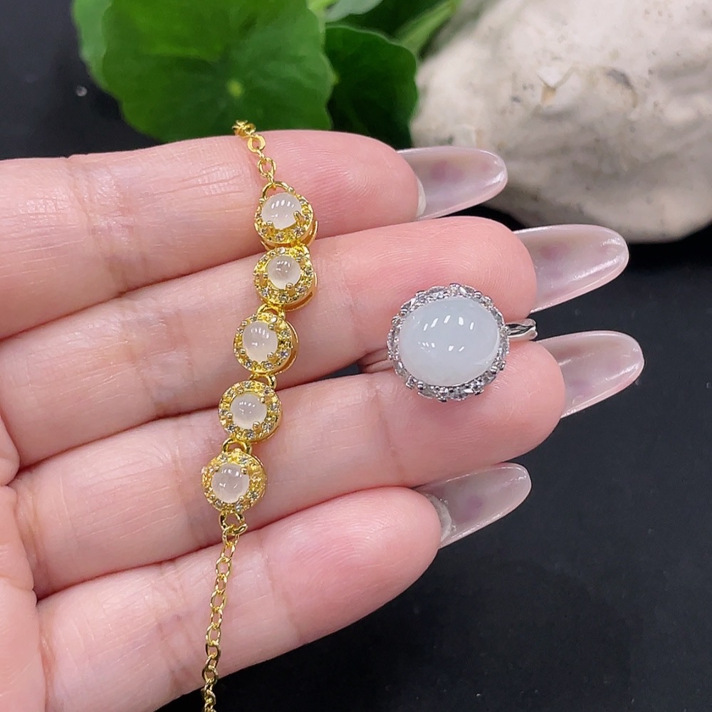 F34068921 Jadeite Inlaid Bracelet + Ring Sell as a Lot (Non-Gold Inlaid) (Adjustable)