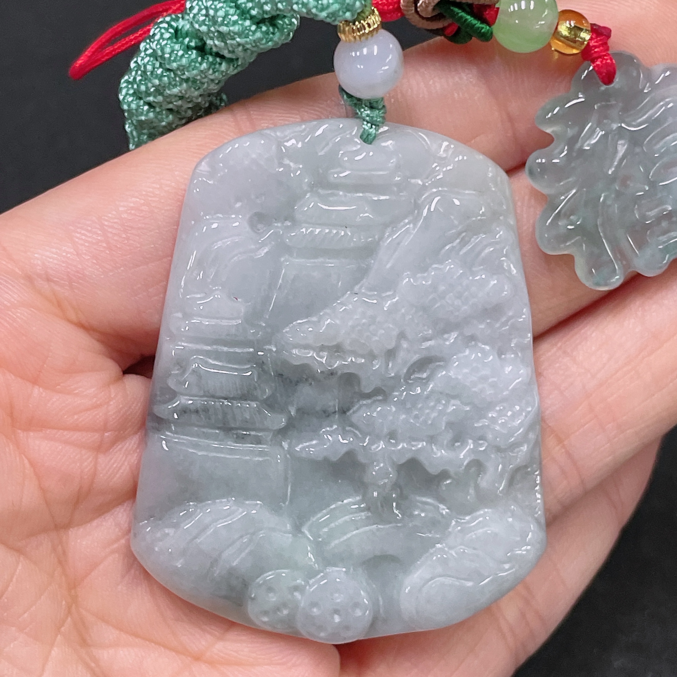 F35105397 Jadeite Pendant Landscape + Blessing Character Sell as a Lot with Non-Grade A Beads