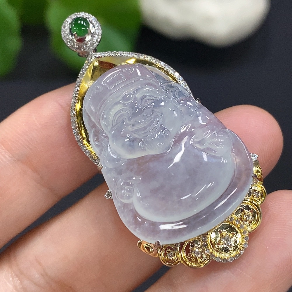 F29410950 Jadeite God of Wealth Inlaid Pendant 18K Gold Total Weight Approx. 8.1g (with Diamond Accents)