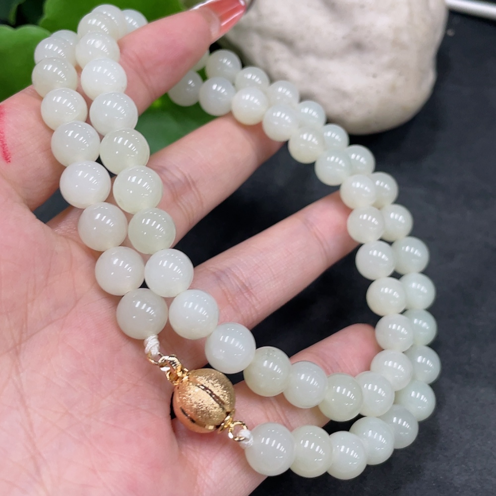 H34016810 Hetian Jade Bead Necklace, Approx. 8.1mm, Non-Gold Inlaid, Total Weight Approx. 52.9g