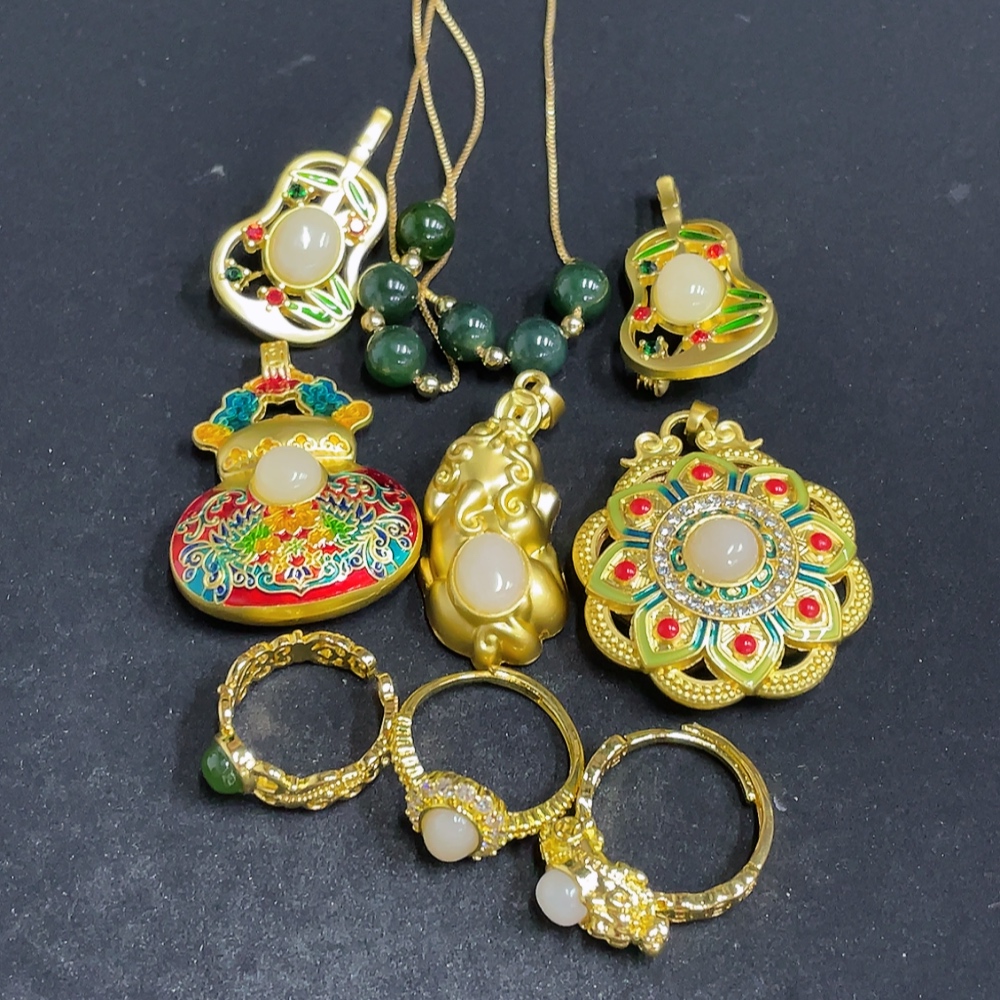 H33848033 Hetian Jade Inlaid Pendant, Brooch, Necklace, Adjustable Ring