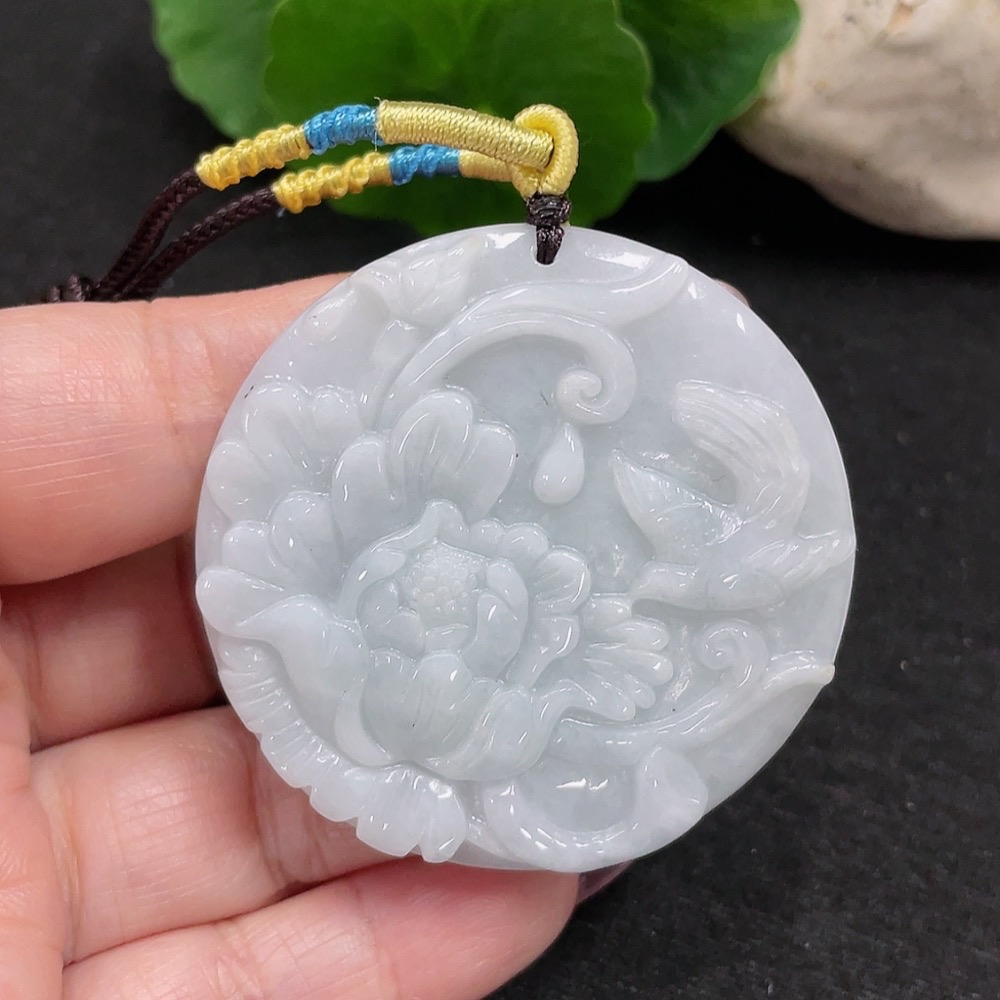 F34966150 Jadeite Flower and Bird Plaque Pendant
