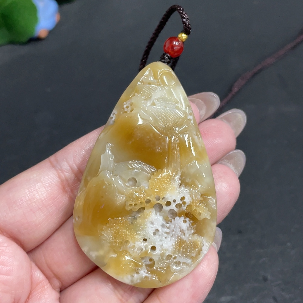 H30502903 Hetian Jade Pendant Landscape with Other Mineral Components Total Weight Approx. 43.6g (including rope)