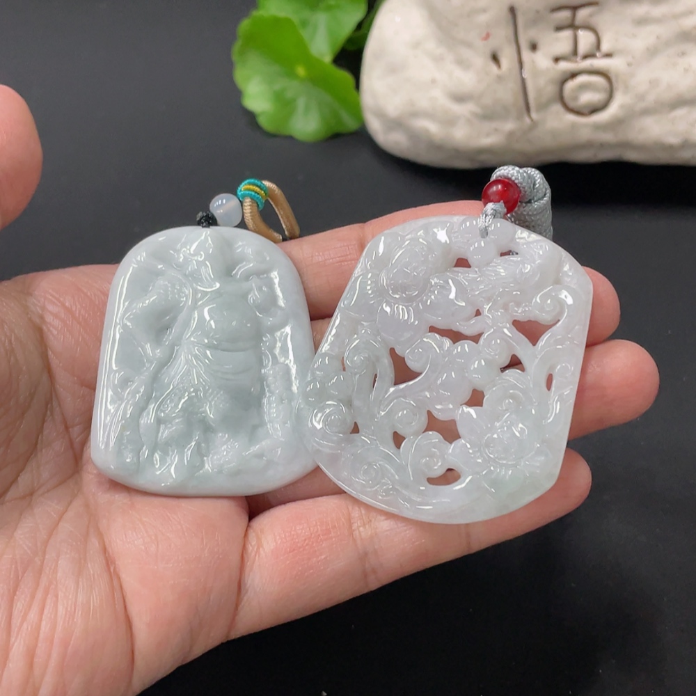 F33836613 Jadeite Pendant Guan Gong Plaque Flourishing Wealth With Non-A Grade Beads
