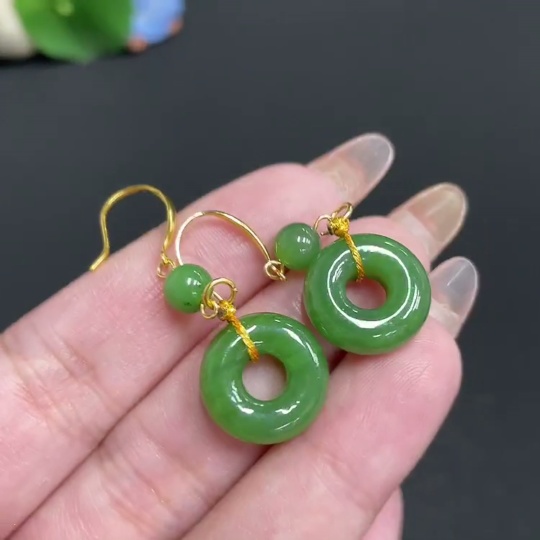 H32780628 Hetian Jade Inlaid Earrings Doughnut