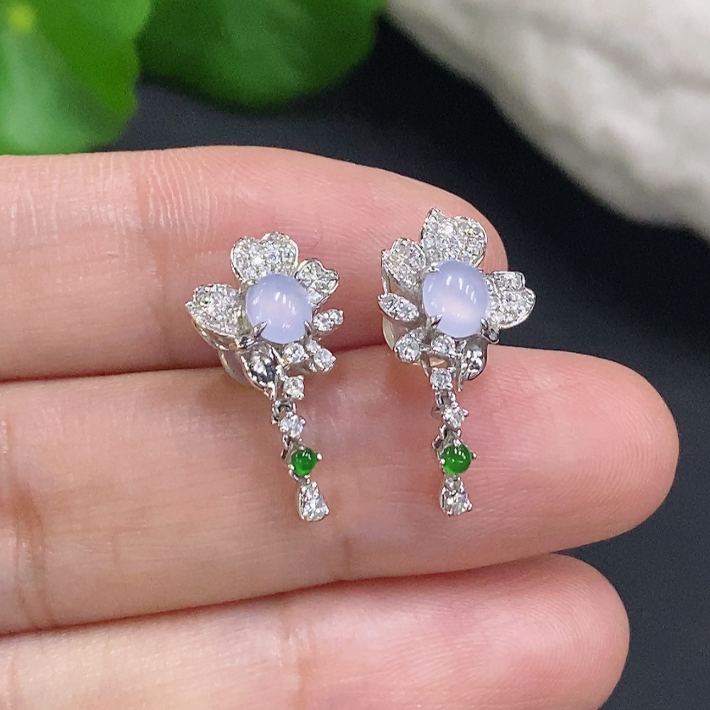 F30484017 Jadeite Cabochon Earrings 18K Gold Total Weight Approx. 2.5g (Diamond Accents)
