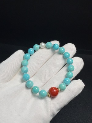 C30445179 Turquoise Bracelet Non-Gold Inlaid Approx.8.7mm Total Weight About 18.57g With Pearls Stones Considered Non-Natural