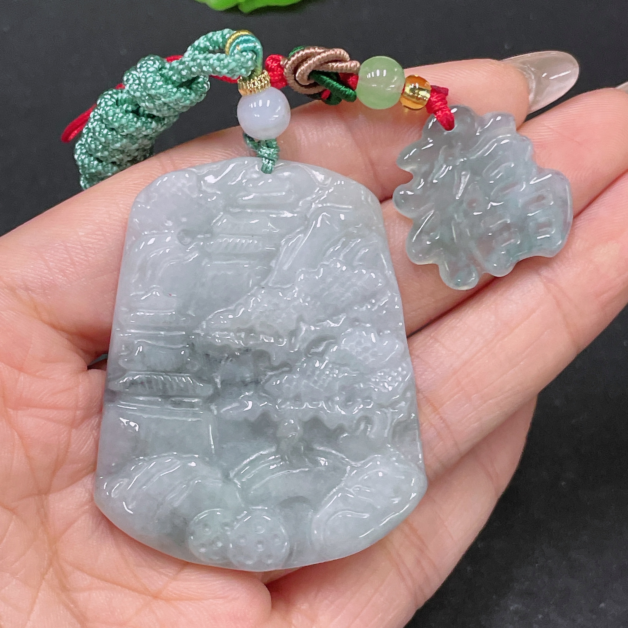 F35105397 Jadeite Pendant Landscape + Blessing Character Sell as a Lot with Non-Grade A Beads