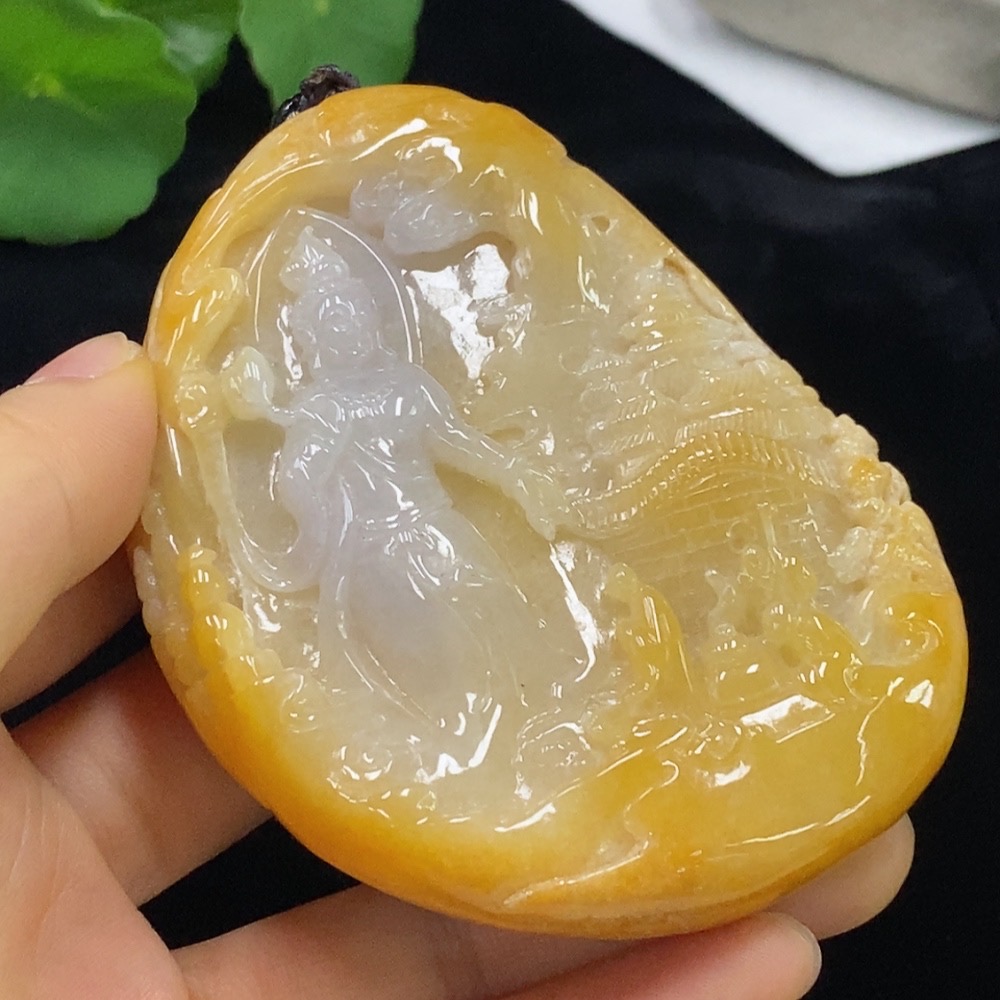 F34948768 Jadeite Landscape Pendant Total Weight Approximately 222.88g (Including Chain Weight) Yellow Part Color Origin Undetermined With Non-Type A Beads