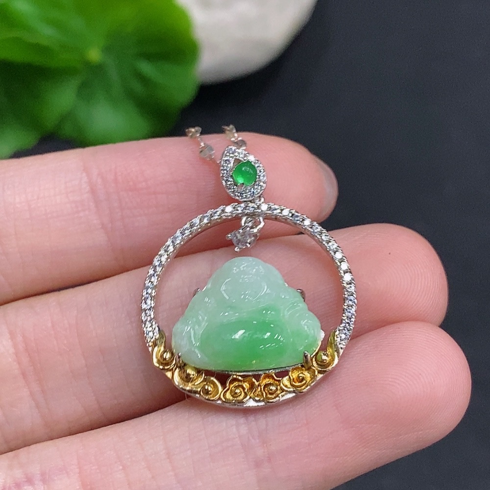 F34077362 Jadeite Buddha Pendant Non-Gold Setting Total Weight Approx. 4.4g (Including Chain)