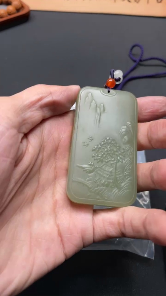 H18974711 Hetian Jade Pendant - Landscape Plaque, Total Weight Approx. (Including Rope) 76.9g