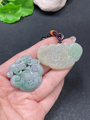 F35138113 Jadeite Pendants Sell as a Lot Ruyi + Blooming Wealth
