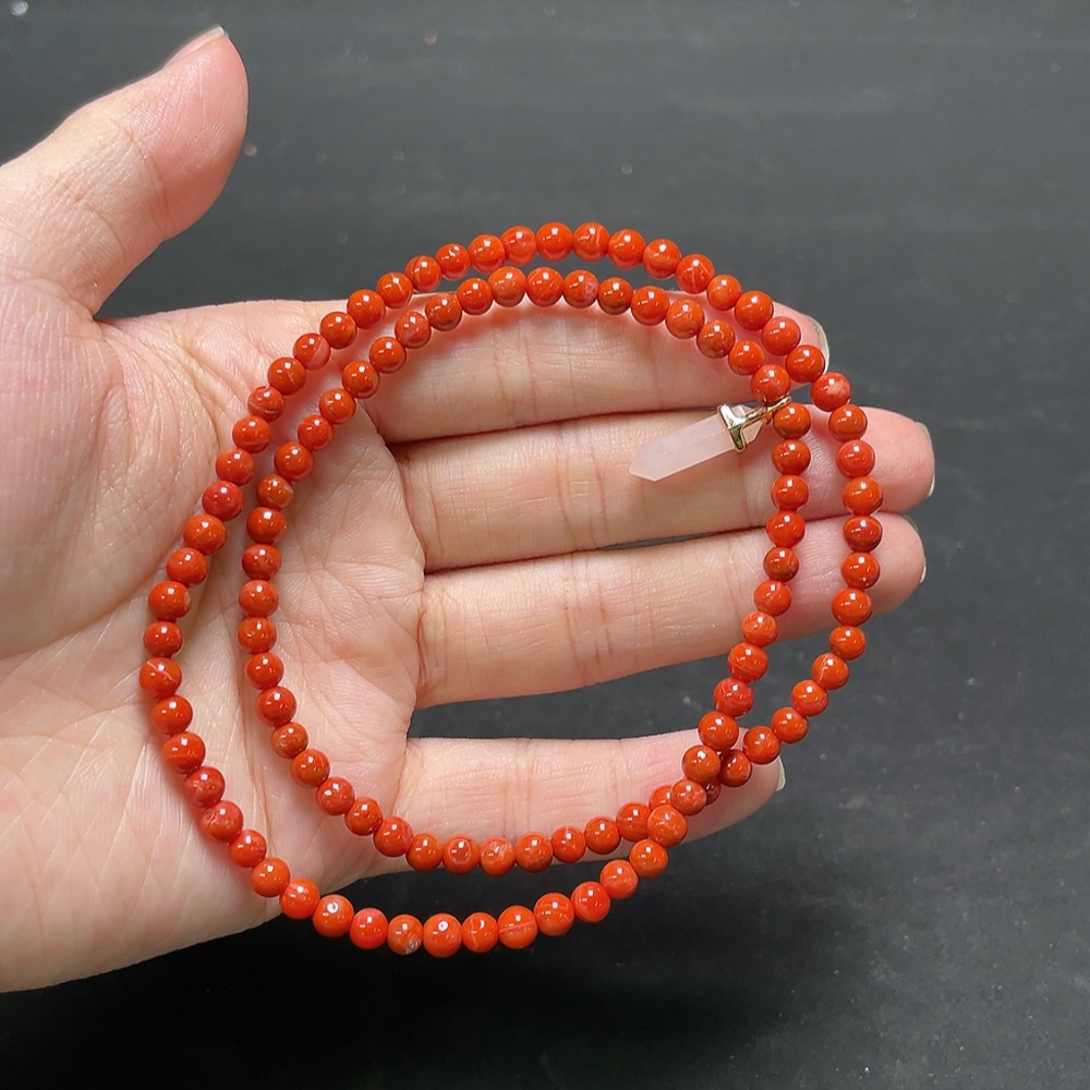 C34993762 Red Agate + Crystal Bead Strand with Visible Organic Matter, Total Weight Approx. 11.52g, Bead Size ~1mm