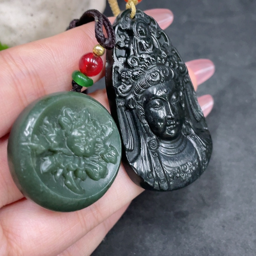 H33945017 Hetian Jade Pendant - Guanyin + Flowering Prosperity