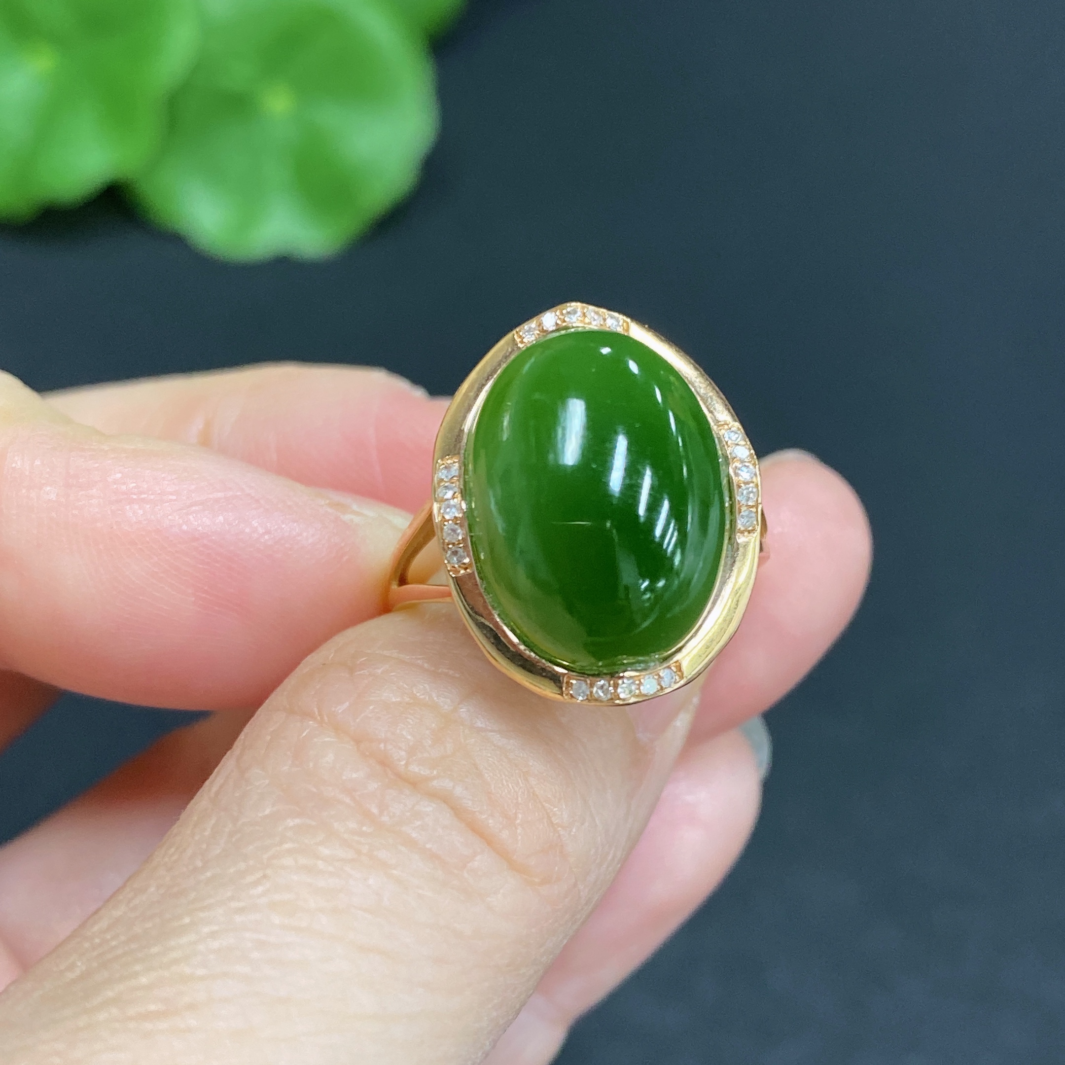 H33859040 Hetian Jade Inlay Ring 18k Gold Size 14 with Diamond Inlay Total Weight Approx. 4.1g