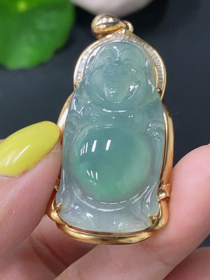 F28265356 Jadeite Buddha Pendant with 18K Gold and Diamond Accents, Total Weight Approximately 9.94g
