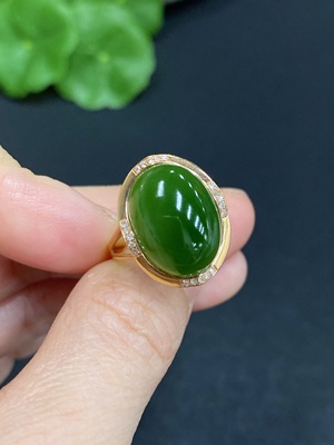 H33859040 Hetian Jade Inlay Ring 18k Gold Size 14 with Diamond Inlay Total Weight Approx. 4.1g