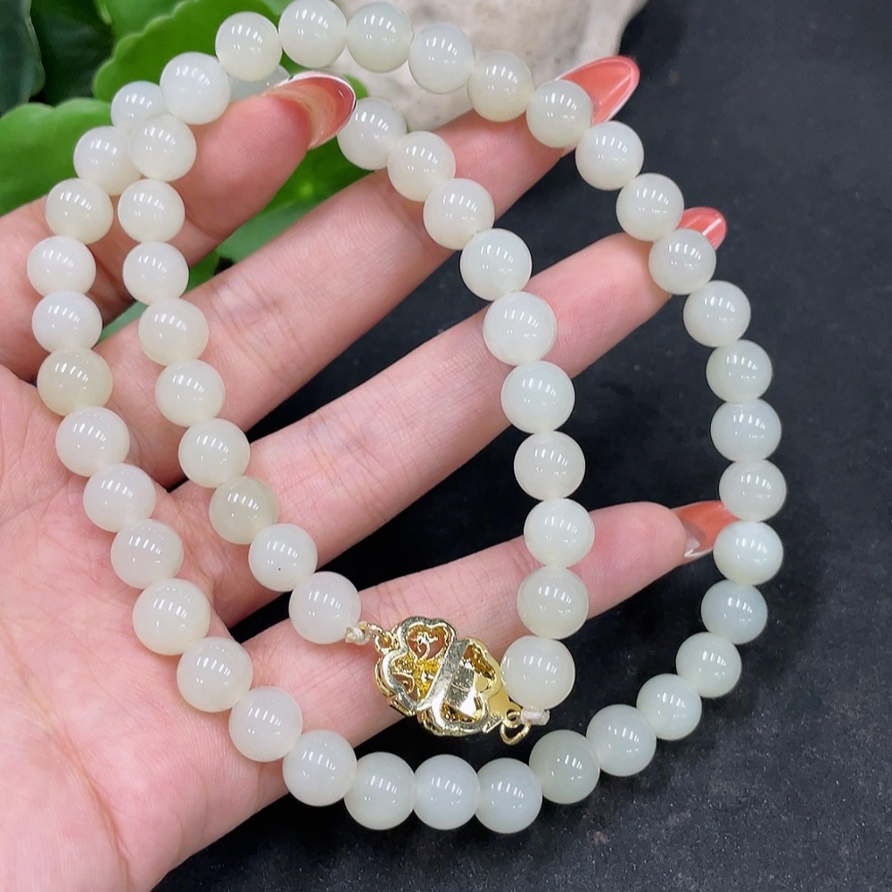 H35113567 Hetian Jade Bead Necklace Non-Gold Approximately 8.3mm Total Weight About 51.3g