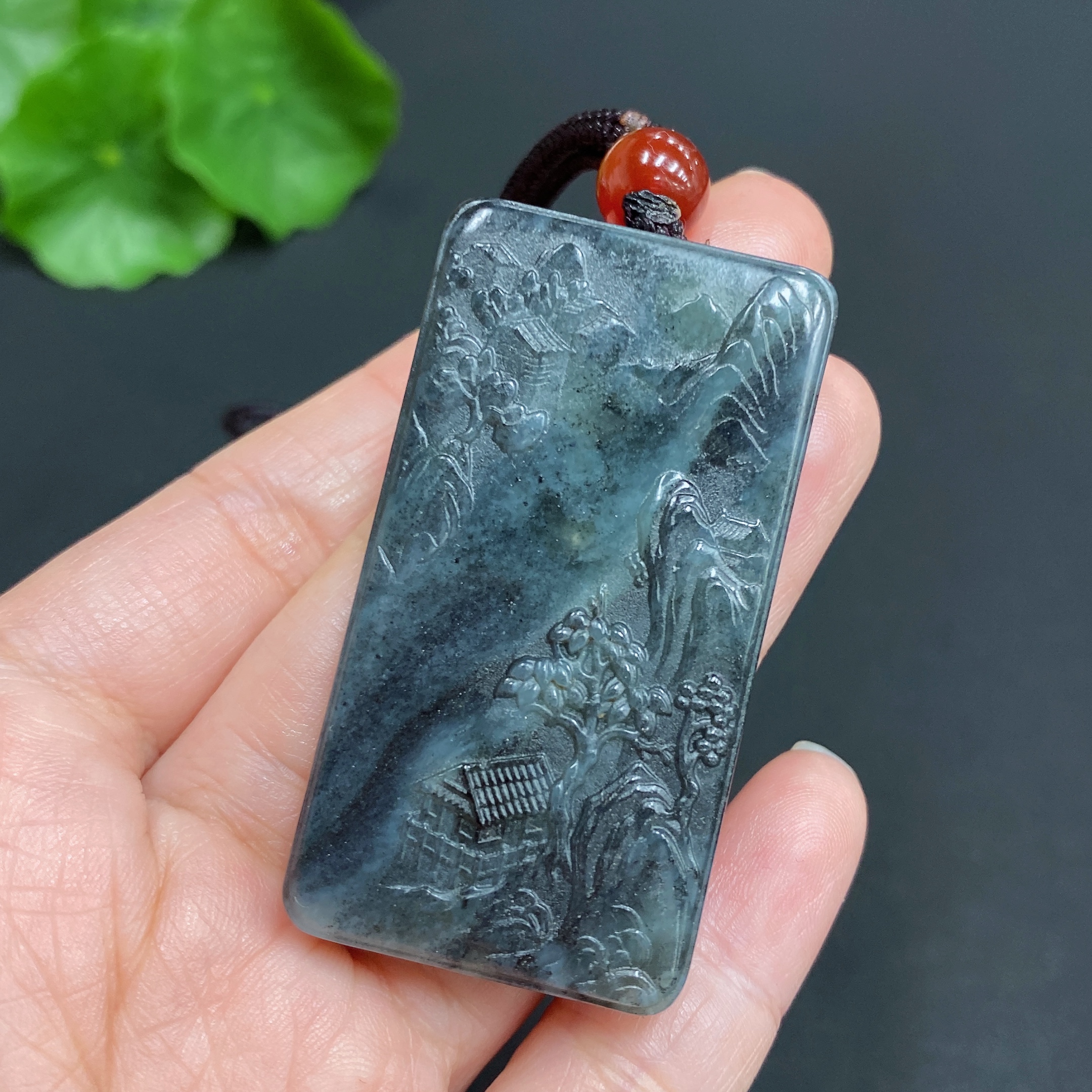 H23685914 Hetian Jade Pendant Landscape Plaque Total Weight Approx. (including rope) 35.6g