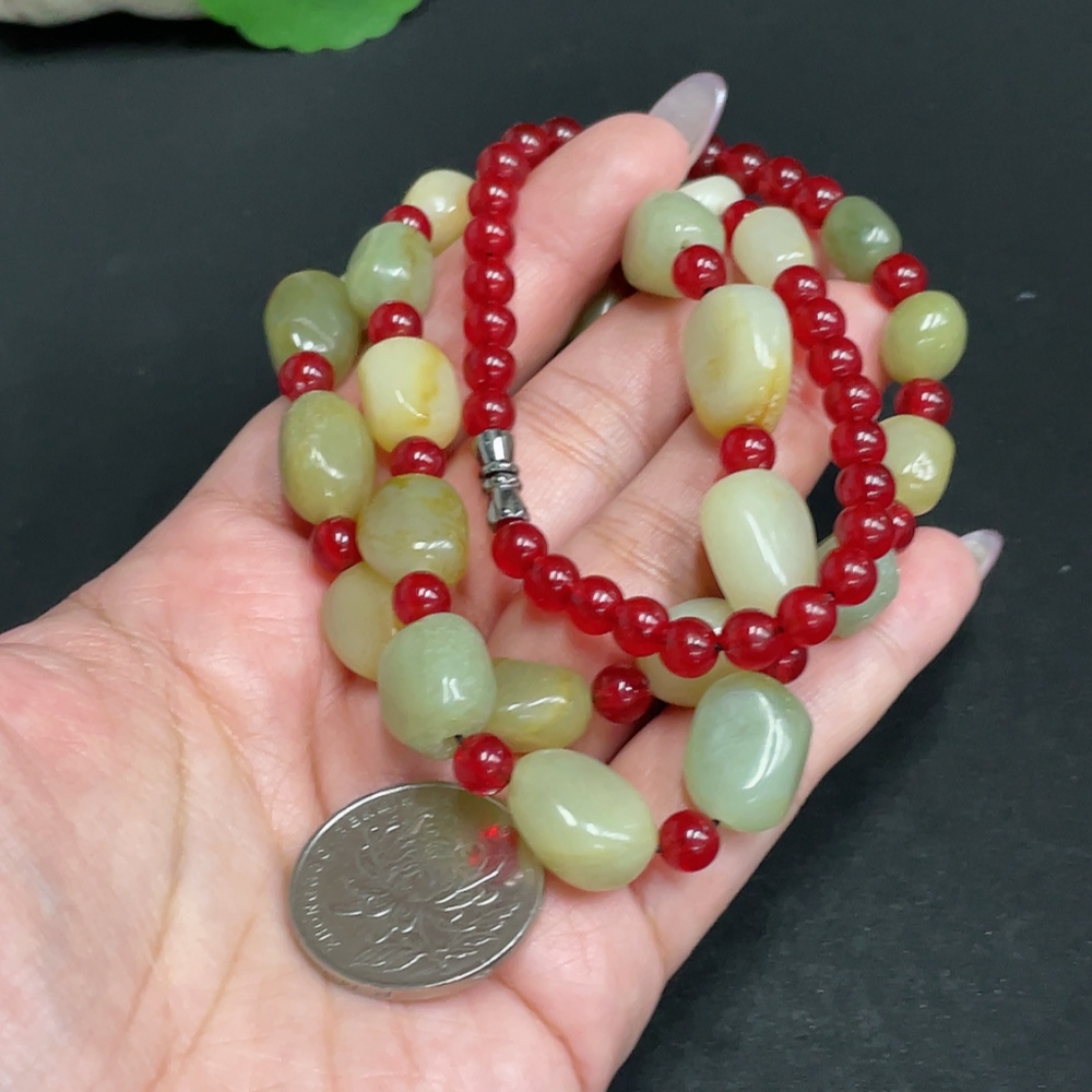 H33930466 Hetian Jade Bead Necklace, Total Weight Approx. 59.8g, Contains Other Mineral Components, Undetermined Skin Color Origin, Matching Beads Not Hetian Jade