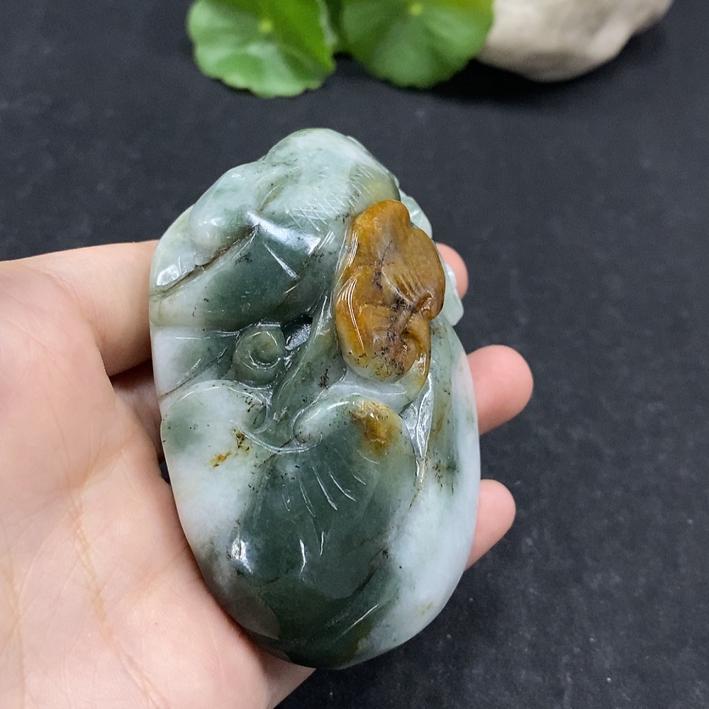 F34995567 Jadeite Handheld Carving 'Abundance Year after Year' with Yellow Part of Undetermined Color Origin, Total Weight Approx. 248.15g