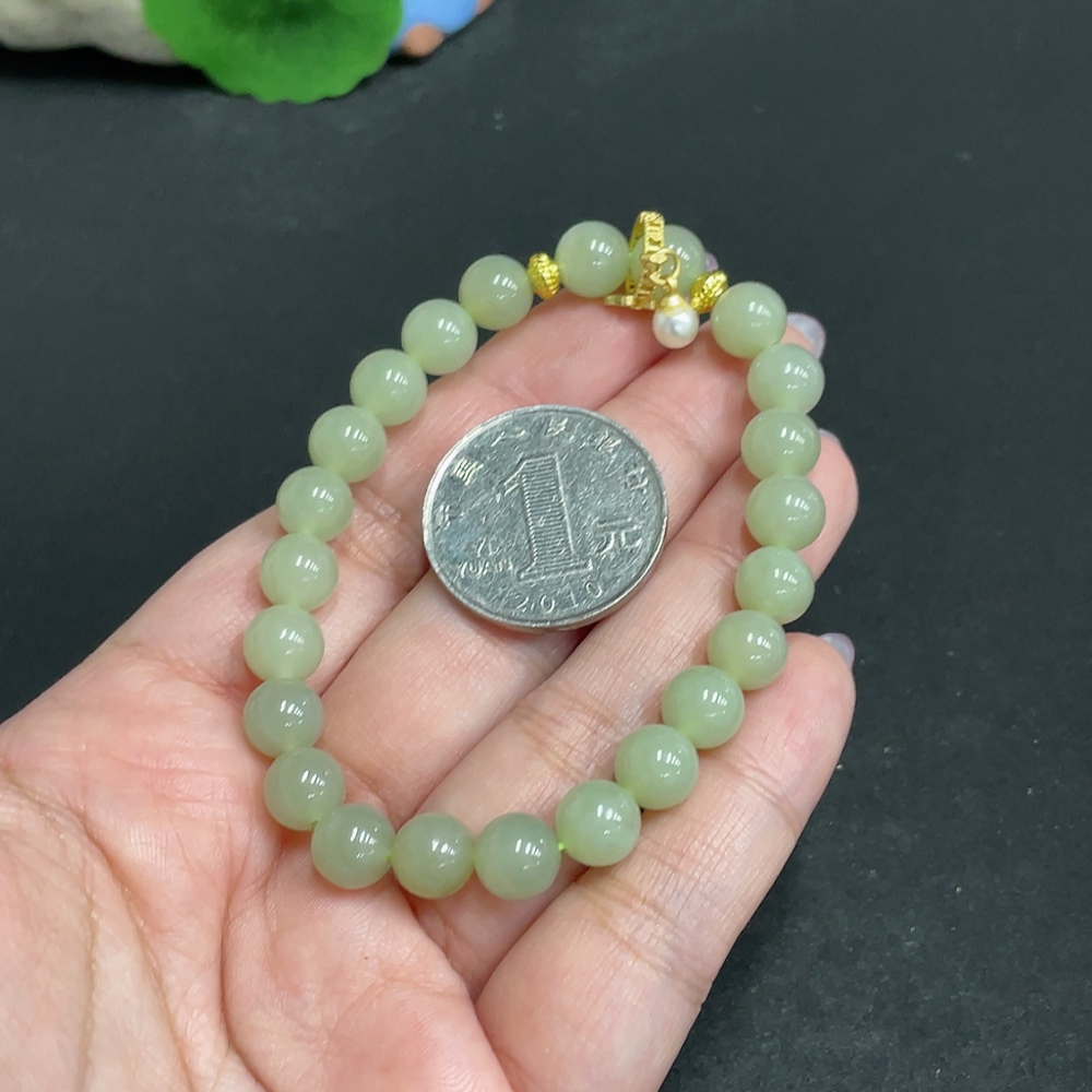 H32806136 Hetian Jade Bead Bracelet, Approx. 7.7 mm, Total Weight About 18.4g, Non-Gold