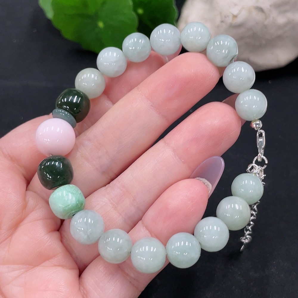 F34012270 Jadeite Bracelet Approx. 8.8mm Total Weight About 25.3g (Non-Gold Inlaid) (Matching Beads Non-A) (With Hetian Jade)