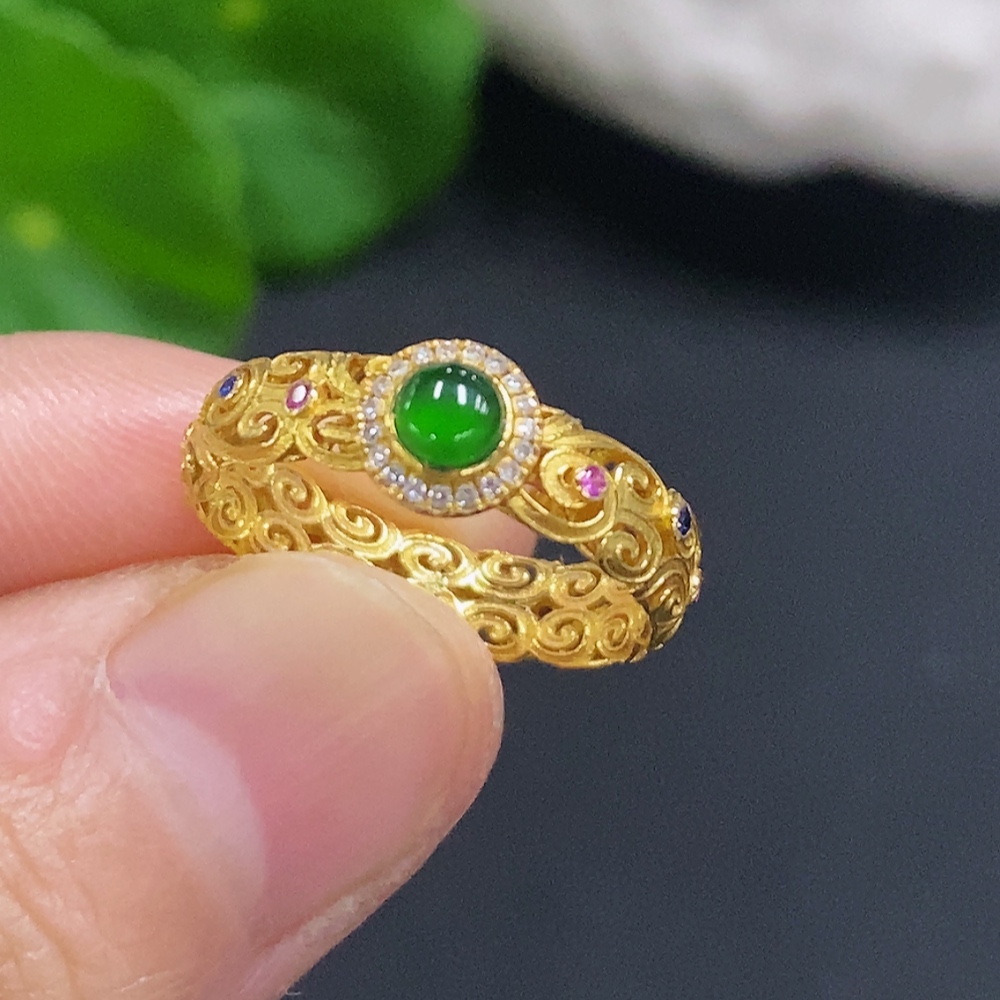 F30542577 Jadeite Cabochon Inlaid Ring 18K Gold Size 10 Total Weight Approx. 1.7g
