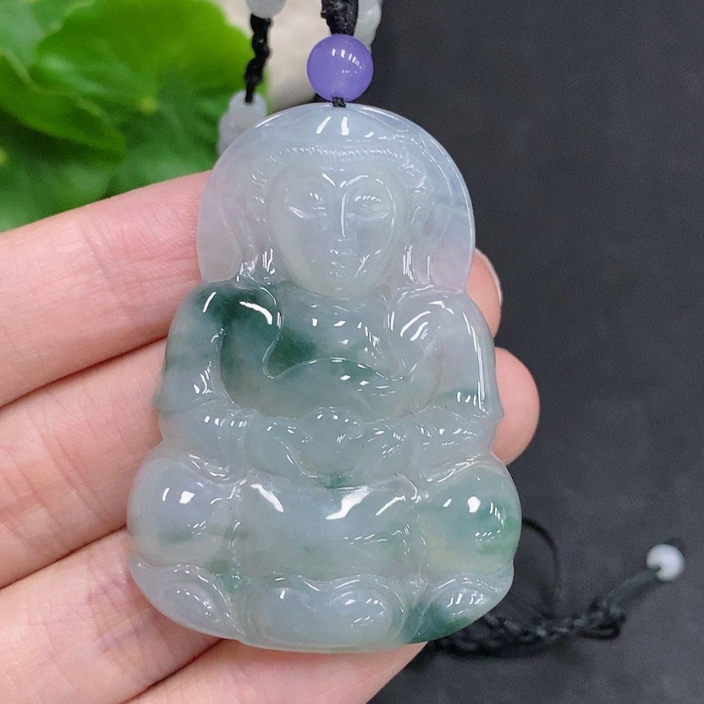 F34967861 Jadeite Guanyin Pendant Total Weight with Rope Approx. 24.5g (Matching Beads Non-Grade A)